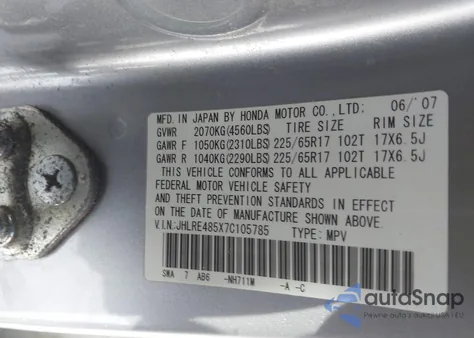 2007 Honda Cr-V Ex z USA, uszkodzony, nr VIN JHLRE485X7C105785